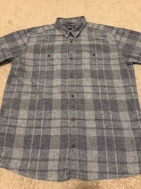 Patagonia Gray and Blue Plaid Men’s Casual Button-Down Shirt